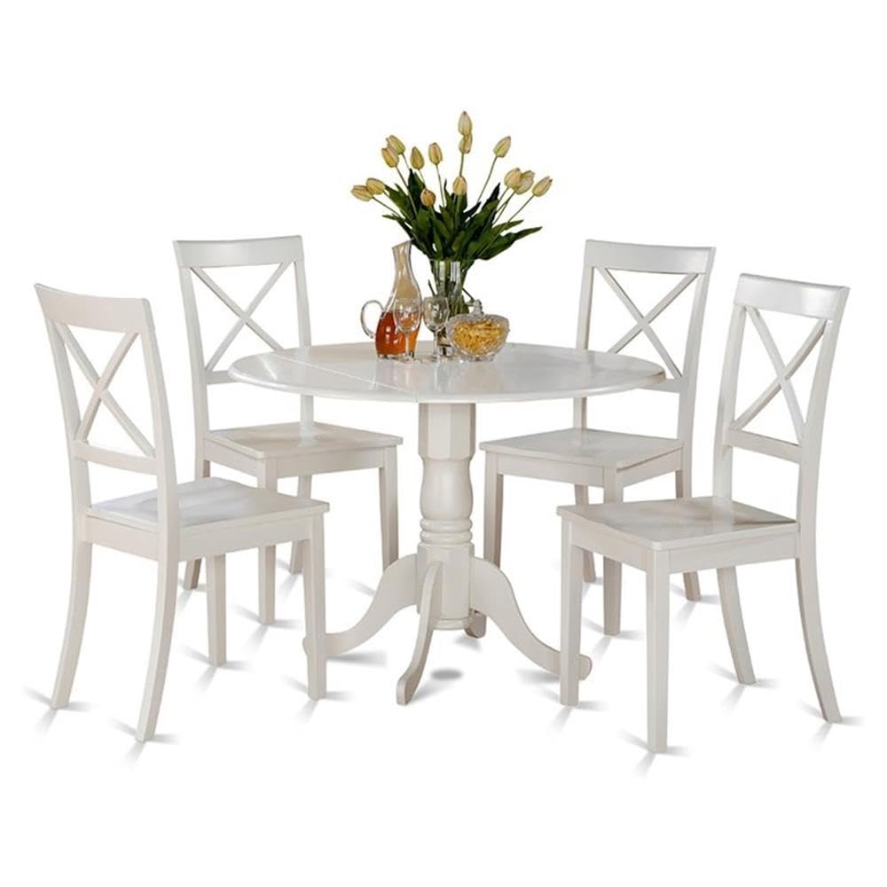 East West Furniture DLBO5-WHI-W 5 Piece Kitchen Table Set for 4 Includes a Round Dining Room Table with Dropleaf and 4 Solid Wood Seat Chairs, 42x42 Inch, Linen White