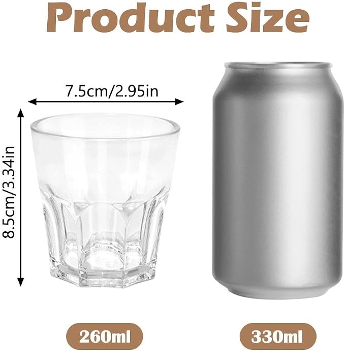 Plastic Drinking Glasses Set of 6, Unbreakable Water Tumbler, Acrylic Plastic Cups, Reusable Kids Drinking Cups for Children Kitchen Cocktail Picnic Party Juice Whiskey Wine (6pc-clear-260ml/9oz)