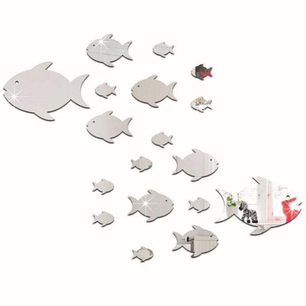Fdit Creative Acrylic Thin Mirror Stickers Tropical Fish Under The Sea 3D Wall Decals Home Décor for Kids Bedroom Living(Silver D)