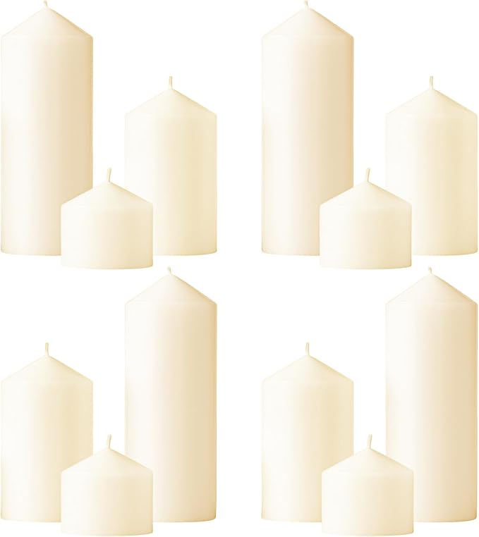Ivory Pillar Candles Bulk Set of 12ï¼? Different Lengths 3 x 3/6/8 Inch (4 Each)，Hurricane Candles，Dripless Unscented Smokeless，Gives You a Better Atmosphere When Organizing an Event Party.