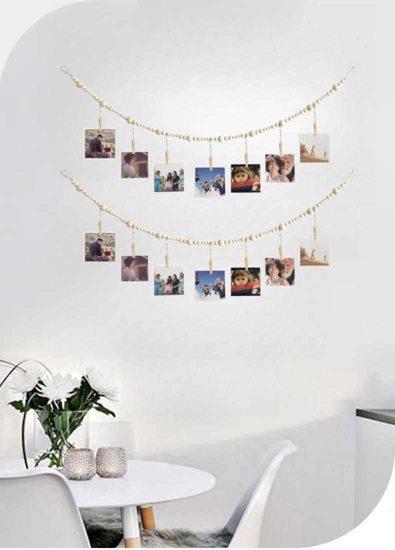 2PCS Hanging Photo Display Wall Decor,Boho Wooden Bead Garland Picture Hanging String with Clips for Dorm, Bedroom, Living Room, Office Cubicle Decor, Art Display Hangers for Artwork