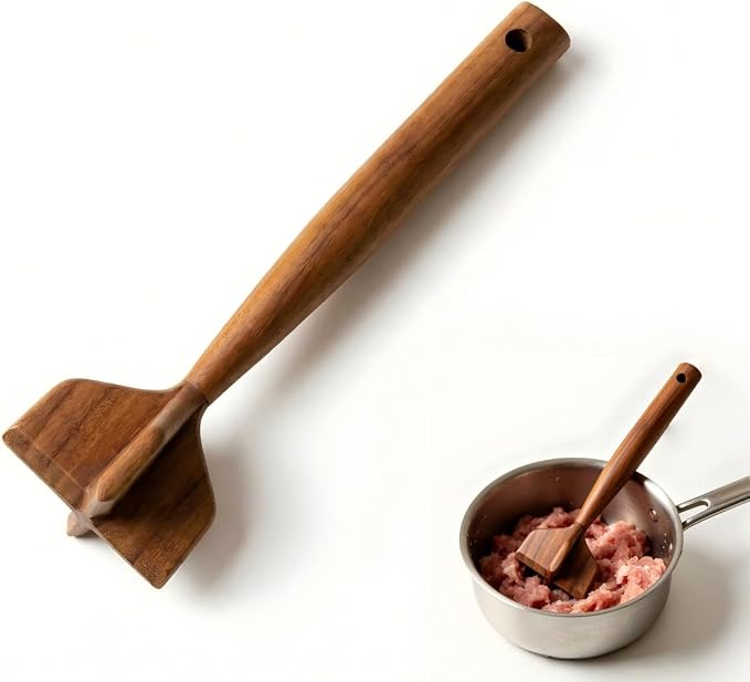 Natural Teak Wood Meat Masher, Ground Beef Masher, 11.5 Inch Chicken Shredder Tool, Multipurpose Kitchen Tool