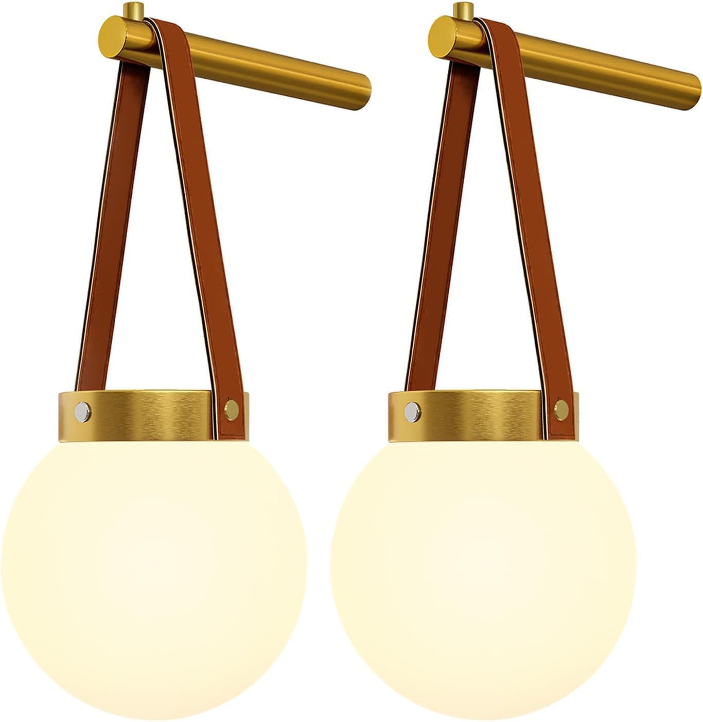Battery Operated Wall Sconces Set of 2, Gold Wall Lamps for Bedroom with Remote Control Warm/Natural/Daylight/RGB 15 Colors Dimmable Rechargeable Wireless Globe Wall Lights Retro Living Room Hallway