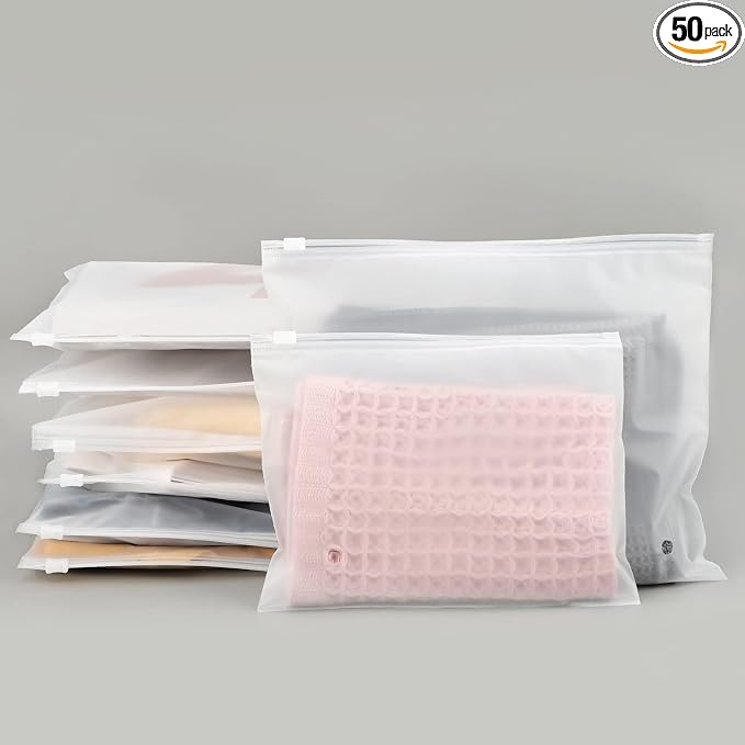 Frosted Zipper Bags for Clothes, 9.8x7.8 inch Resealable Plastic Mailers, 50Pcs Bikini Bags with Slider Closure for Swimsuit, Bathing Suit, T Shirt Packaging, 3 Mil Thick with Vent Holes
