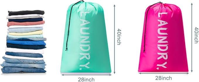 2 Pack XL Travel Laundry Bag, Machine Washable Dirty Clothes Organizer with Drawstring,Large Enough to Hold 4 Loads of Laundry, Easy Fit a Laundry Hamper or Basket Travel Essentials 24" x 36"