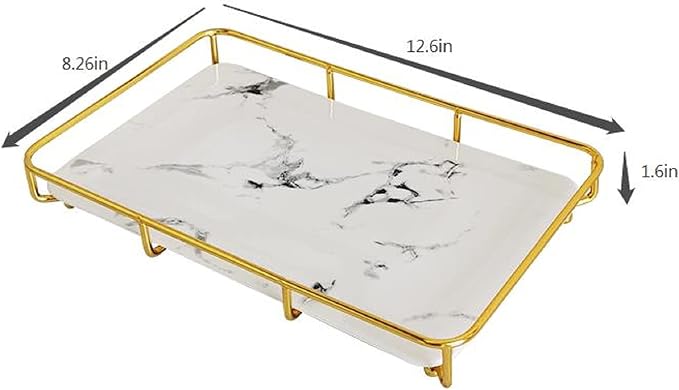 Dobbyby Vanity Tray Makeup Organizer Cosmetics Storage Bathroom Skincare Organizer Countertop Display Rack in Dresser Stainless Steel Shelf Marble Print Ceramic Trays