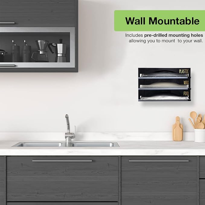 OnDisplay Luxe Acrylic 3-in-1 Plastic Wrap/Wax Paper/Aluminum Foil Dispenser for Drawer or Wall Mountable - Cling Wrap/Parchment Paper/Tin Foil Holder for Kitchen (Black 3-in-1)