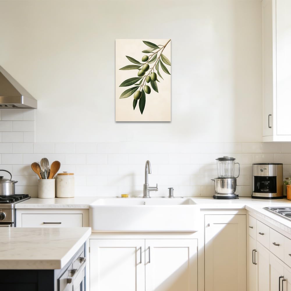 SWQYLB Olive Branch Wall Art Green Olive Wall Decor Still Life Botanical Canvas Prints for Dining Room Kitchen Bedroom Home Decor Framed (12"x18")