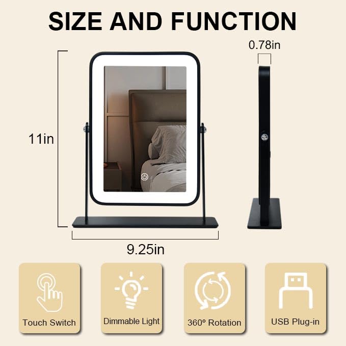 YEKKOPT Portable Desk Vanity Mirror with Lights,Black Rechargeable Small Makeup Mirror with Lights,Mini Dorm Mirror,Touch Screen with 3-Color Lighting,Dimmable,for Tabletop,Bedroom,Bathroom