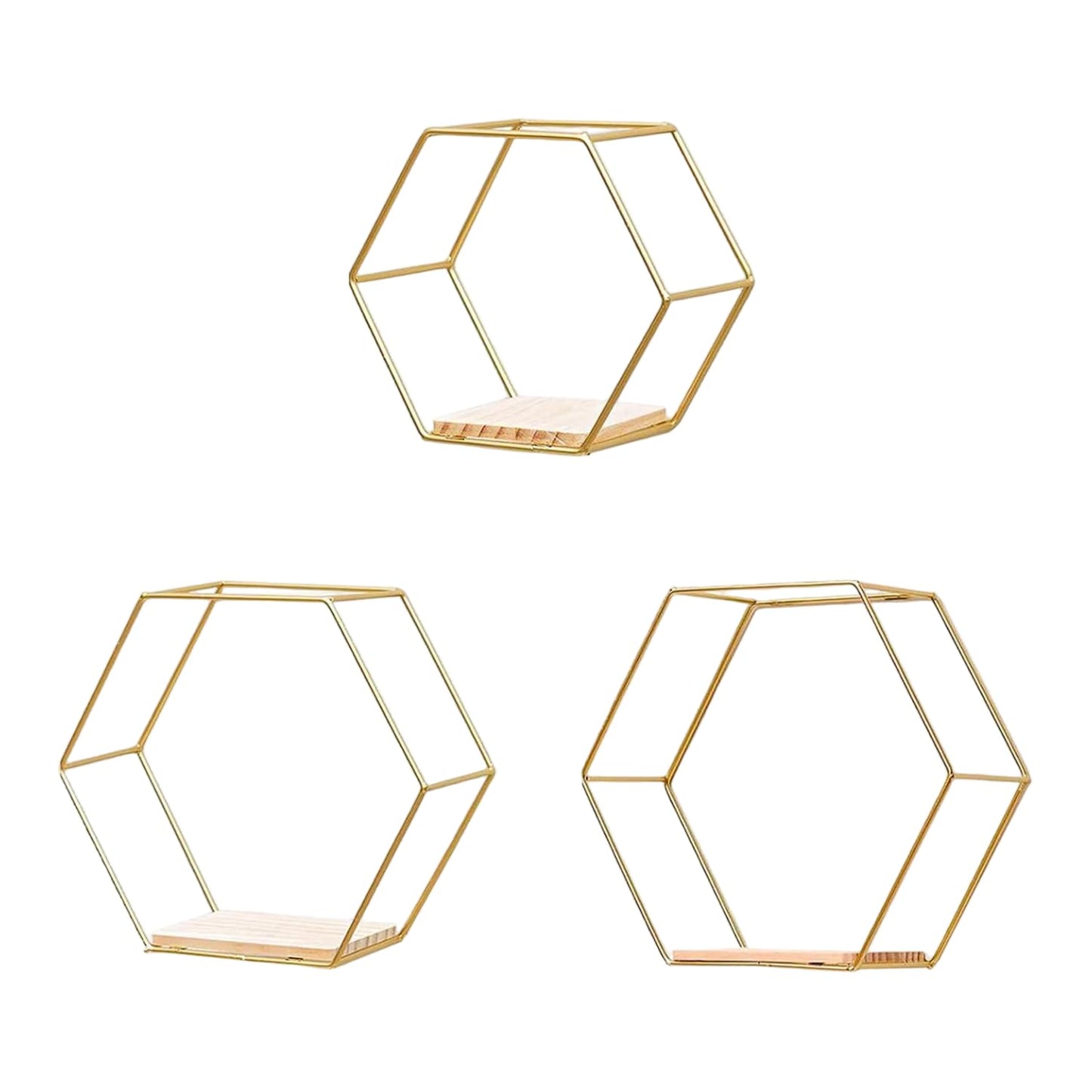 CXYNDFA Gold Hexagon Wall Shelves Set of 3 - Floating Metal Shelves for Wall Mounted Decor, Geometric Shelving for Bedroom, Living Room, Kitchen & Office