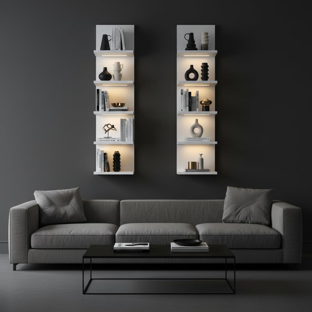 AskTag 5 Tier Wall Shelf Unit, White Shelves,Lack Shelf, Wall Shelves for Bedroom，Office,Bathroom, Vanity Shelves with LED Light