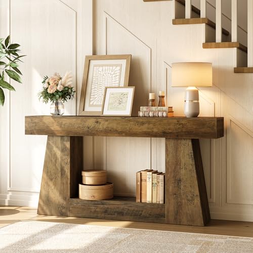 LITTLE TREE 63" Farmhouse Console Table with Storage, Rustic Sofa Table for Entryway, Narrow Long Sofa Table Behind Couch, Console Table for Living Room, Hallway—Versatile Storage Solution, Oak