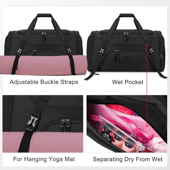 Gym Duffle Bag for Women Men 40L Waterproof Sports Travel Duffel Bags with Shoe Compartment,Wet Pocket Large Weekender Overnight with Toiletry Bag,Black