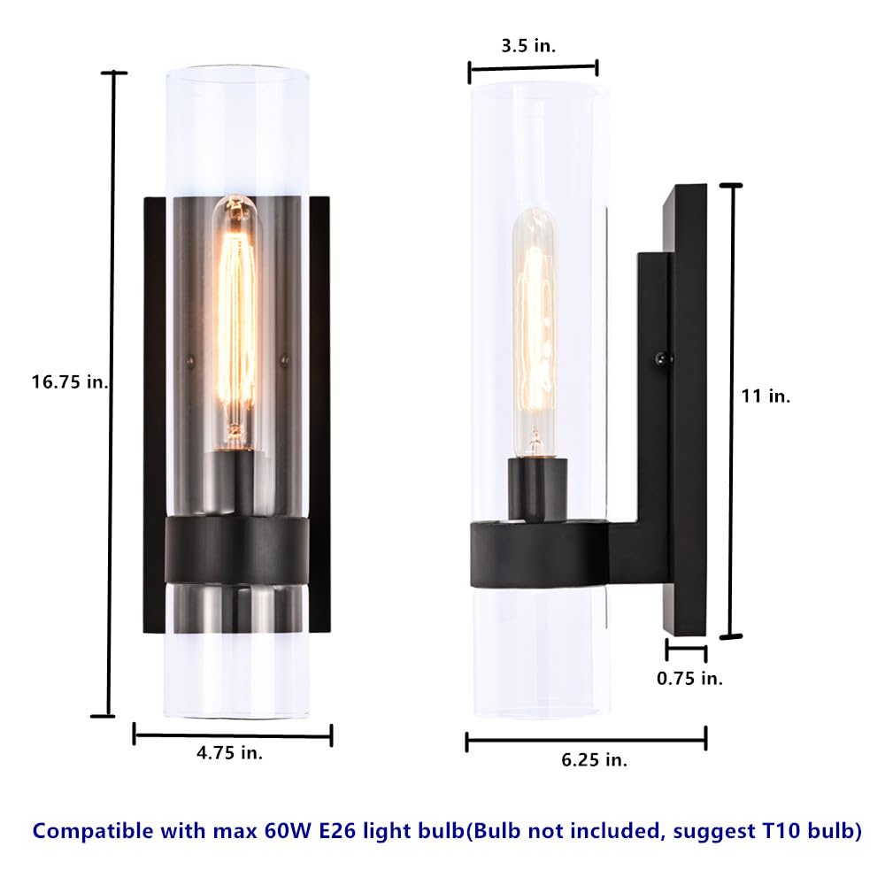 Hyperion house Indoor Wall Sconces Set of Two, Modern Black Bathroom Sconces Wall Decor with Cylinder Glass, Wall Lamps for Bedroom Hallway Vanity Kitchen Lighting Fixtures Set of 2