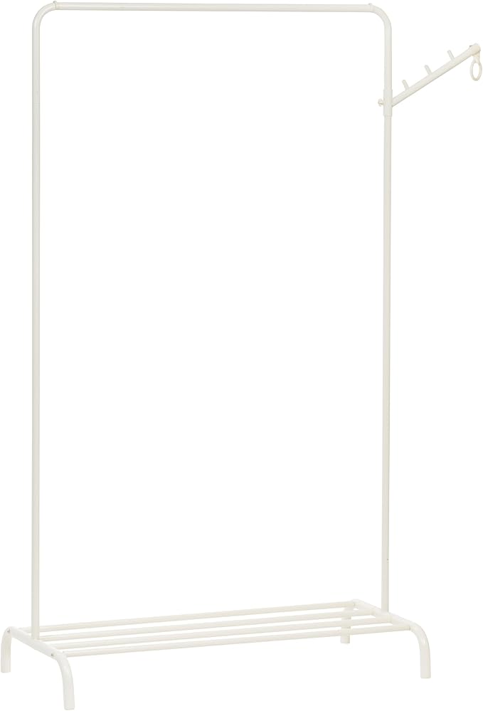 IRIS USA Clothes Rack with 2 Wood Shelves, Freestanding Clothing Racks for Hanging Clothes, Easy to Assemble, Standing Metal Sturdy Garment and Accessories Rack, Plant Stand, White