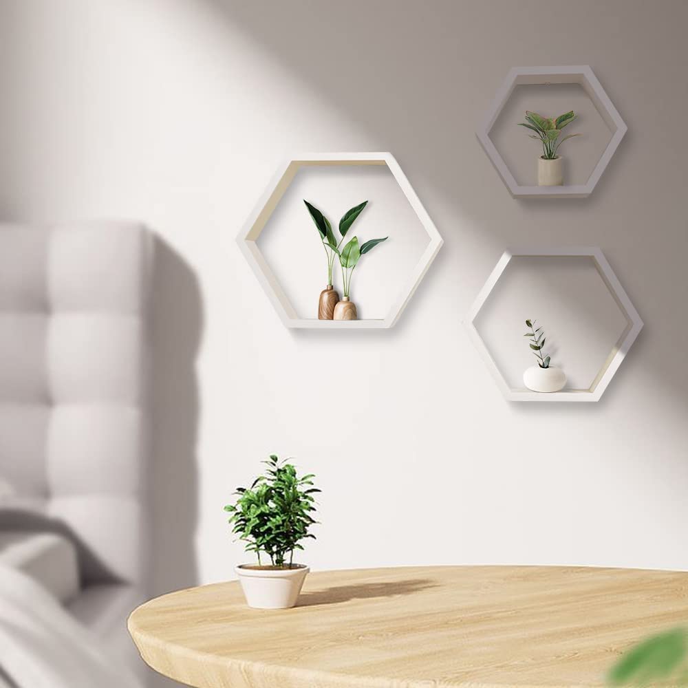 ROSE BLOOM Set of 3 White Wood Hexagon Shelves for Wall Decor - Farmhouse Honeycomb Shelves for Living Room Decor, Kitchen Storage, Mounted Storage - Durable, Stylish & Versatile