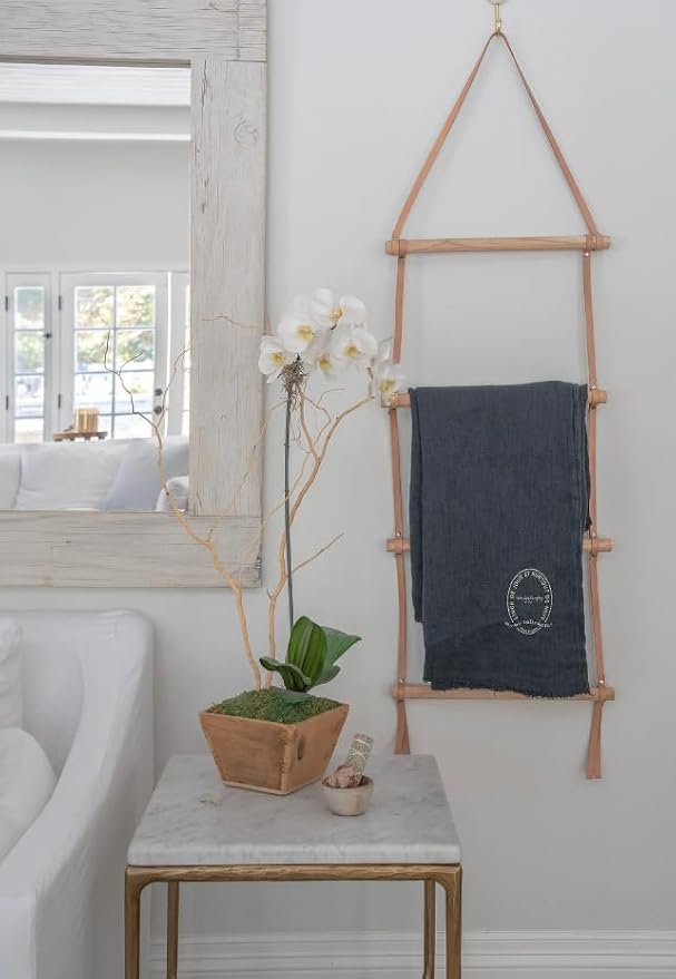 Decorative Wooden Wall Hanging Ladder with Leather Straps – Rustic Towel and Blanket Rack for Bathroom, Living Room, or Entryway Display