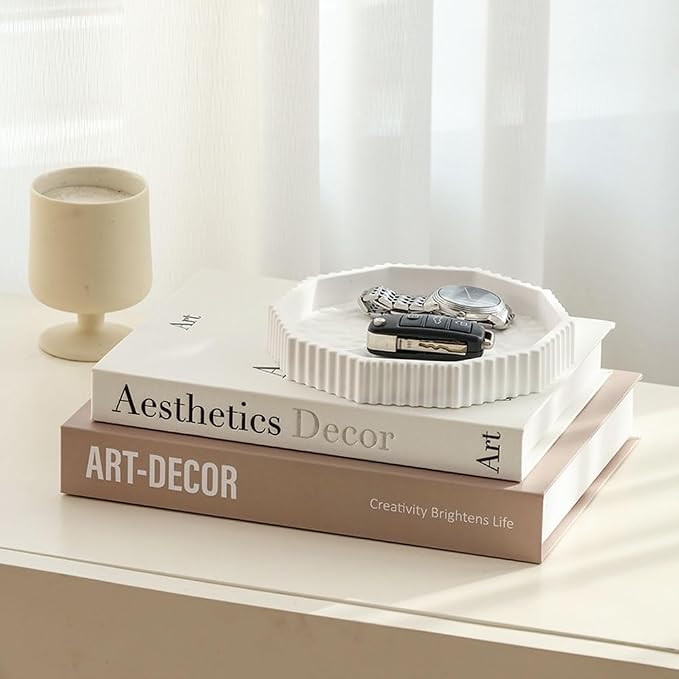 Decorative Plaster Tray & Book Decor Set - Scalloped Tray & Decorative Books Box Enhance Coffee Table or Bookshelf Decor - Modern Home Decoration for Living or Dining Room & as Housewarming Gift