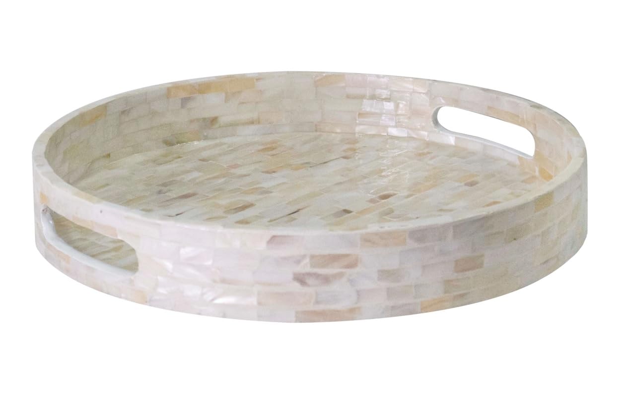PEMAR 12.6” Mother of Pearl Round Serving Tray with Handles, Decorative Nacred Wooden Ottoman Coffee Table Tray (White Tiles)