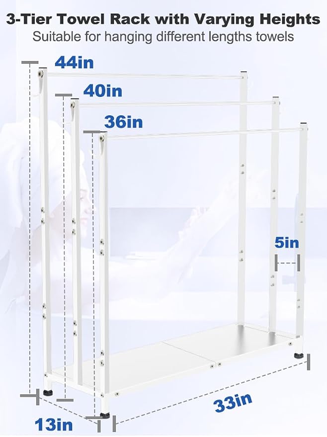 Extra Large Free Standing Towel Rack with Metal Storage Shelf & 6 Hooks for Bathroom, 3 Tiers Heavy Duty Blanket Drying Stand Holder for Outdoor Pool, Bedroom, Living Room, White