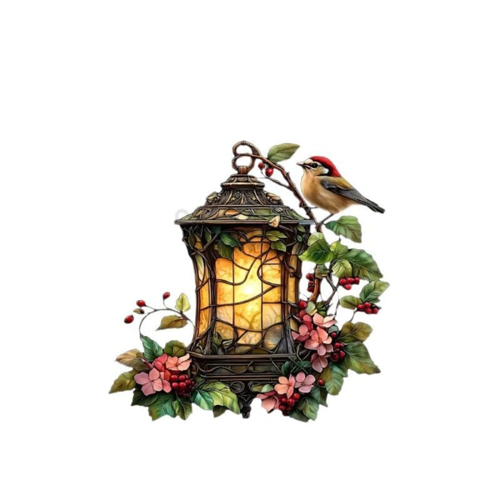 1PC Lantern with Bird and Flowers Acrylic Hanging, 7.08 inch Window Decor with Printed Stained Glass Style Design, Rainbow Maker Wall Art, Gift Idea & Garden Ornament Indoor Outdoor Use/YX-13