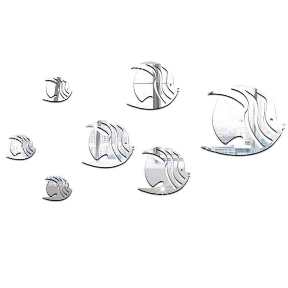Fdit Creative Acrylic Thin Mirror Stickers Tropical Fish Under The Sea 3D Wall Decals Home Décor for Kids Bedroom Living(Silver D)