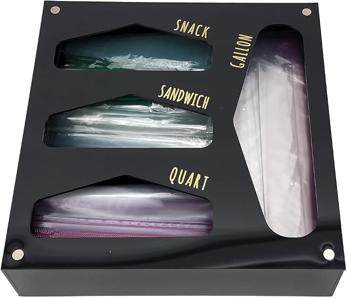 OnDisplay Luxe Acrylic Kitchen Drawer Zip Food Storage Bag Organizer - Food Baggie Holder for Snack/Sandwich/Quart/Gallon Sizes - Compatible with Ziploc, Hefty & Glad (Black)