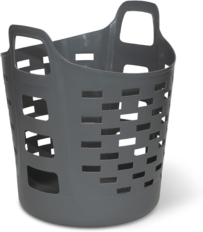 Clorox Flexible Laundry Basket - Plastic Hamper for Clothes, Bedroom, and Storage - Portable Round Bin with Carry Handles, 1 Bushel, Grey