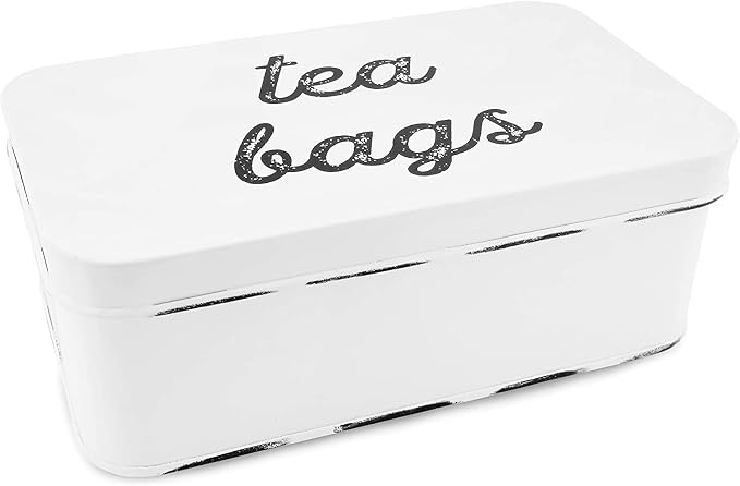 AuldHome Design Farmhouse Tea Bag Box (White), Vintage Retro Style Enamelware Tea Storage Tin