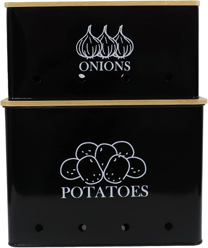 Potato and Onion Storage Bin Set of 2, Vented Metal Vegetable Storage with Wooden Lids, Farmhouse Kitchen Canisters for Countertop Pantry Organizer, Potato Bin Onion Holder for Produce Storage, Black