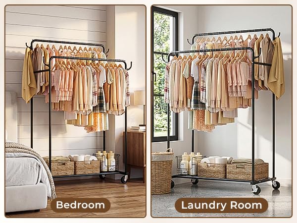 HogHow Clothes Rack, Rolling Clothing Rack with Double Rods for Hanging Clothes, Portable Garment Rack with Wheels, Metal Wardrobe Closet Organizer for Bedroom and Laundry Room