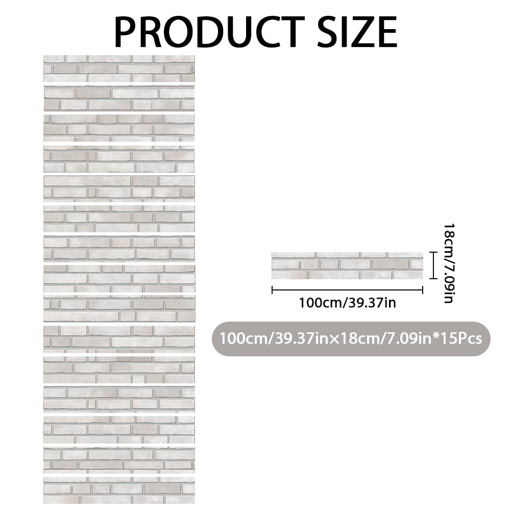 Hpbbspring 15Pcs Staircase Stickers Realistic White Brick Wall Tile Stickers Beauiful Self-Adhesive Water Proof Staircase Decor for Steps Bedroom Balcony Bars 39.3" W x 7.08" H