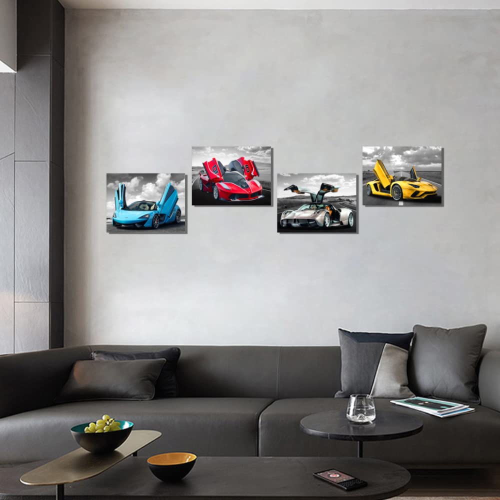 Car Posters Wall Art for Office, Living Room Bedroom Boys Room Décor Sports Wall Art Large Car Art Framed Canvas Print Art Man Cave Decoration Black and White Car Pictures 20"x16", 4pieces