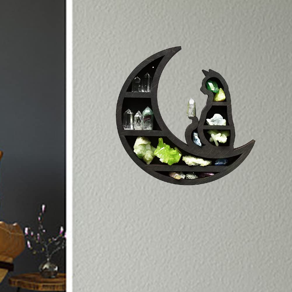 EMVANV Wooden Crystal Shelf, Moon Cat Home Improvement Wall Mounted Jewelry Rack Wooden Crystal Shelf Kitchen(Black,Size:30x30x3cm)