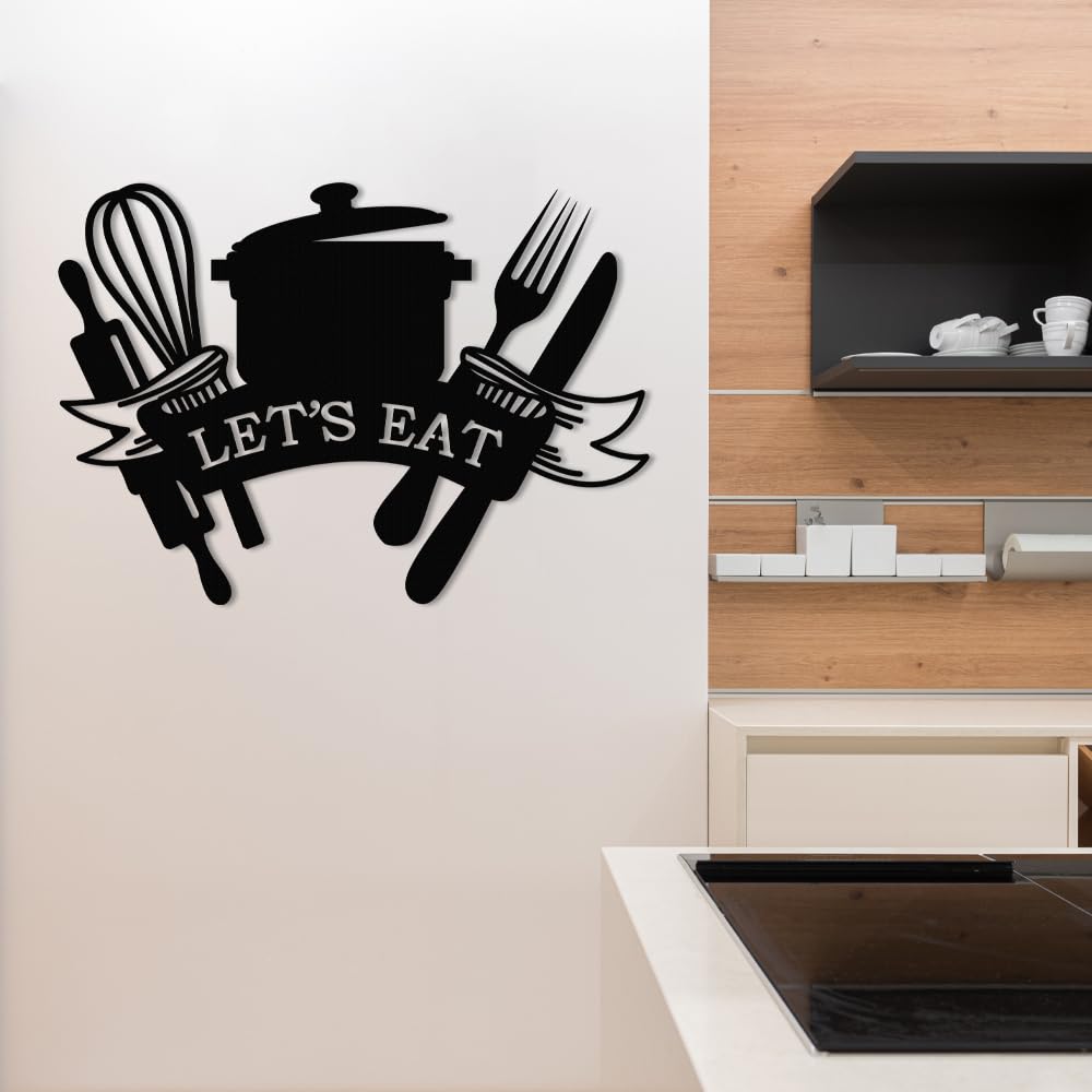 XORT Kitchen Metal Sign, Metal Kitchen Wall Art, Let's Eat Sign for Home Kitchen Dining Living Room Hanging Plaque Decoration. (Black - 14 x 10 inch)