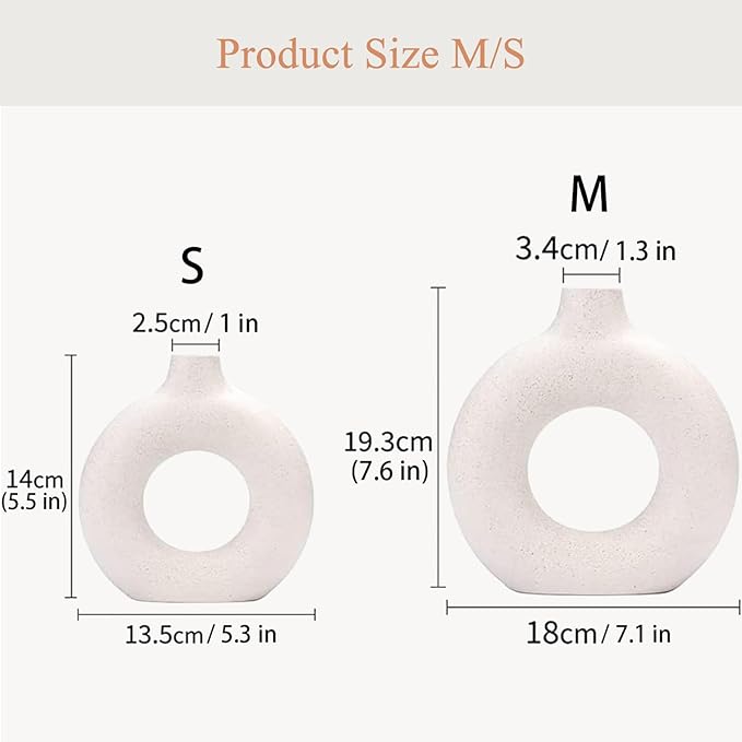 White Ceramic Donut Vase Set of 2, Hollow Matte Pampas Flower Vases for Boho Home Wedding Party Room Dinner Table Shelf Decor.（White）