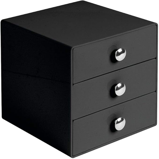 iDesign 35360 3-Drawer Plastic Vanity Organizer, Compact Storage Organization Set for Cosmetics, Dental Supplies, Hair Care, Bathroom, Dorm, Desk, Countertop, Office, 6.5" x 6.5" x 6.5", Black