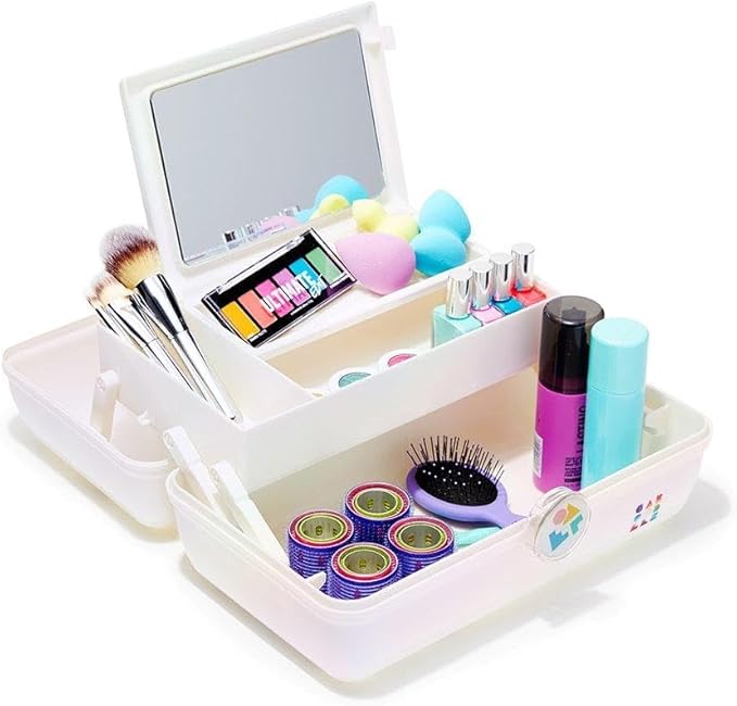 Caboodles On-The-Go Girl Makeup Box, White Opal, Hard Plastic Makeup Organizer Box, Built-In Mirror, Secure Latch for Safe Travel, Spacious Storage for Large Items