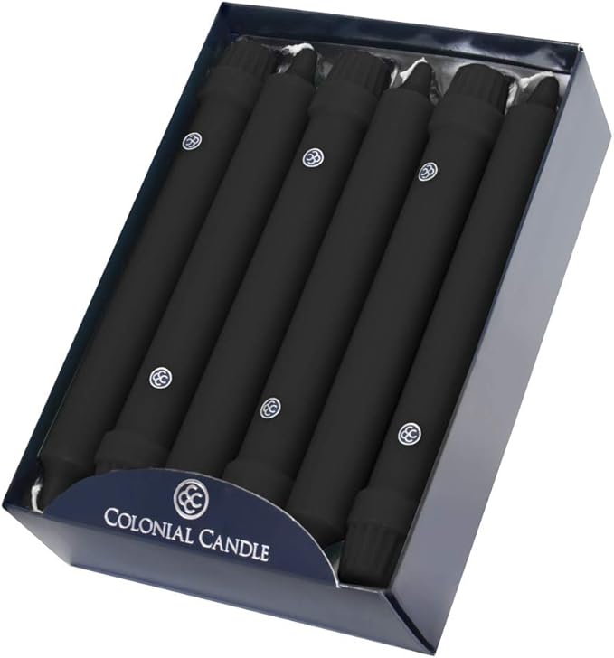 Colonial Candle Unscented Taper Candle, Classic Collection, Black, 8 In, Pack of 12 - Up to 6 Hours Burn