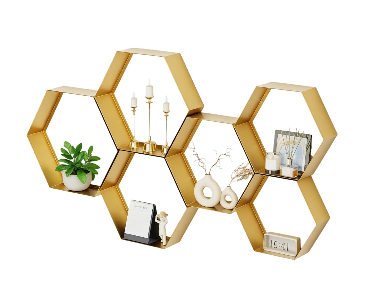Gonice Hexagon Floating Shelves Set of 6, Gold Metal Wall Mounted Shelves for Home Decor, Honeycomb Display Shelf for Living Room, Bedroom and Office