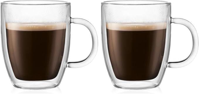 Bodum 10oz Bistro Double Wall Insulated Mug, High-Heat Borosilicate Glass, Set of 2, Clear
