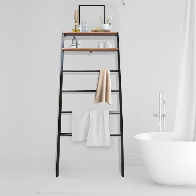 Space Saving 100% Solid Wood 6-Tier Blanket Ladder with Two Storage Shelves - Black/Sweet Oak