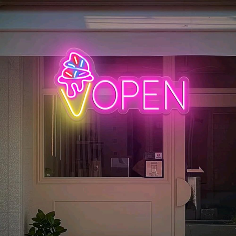 Neon Open Ice Cream Open Sign,IceCream Led Neon Sign,Pink Light Up Neon Sign,Ice Cream Car Led Sign, Signage Gift for Opening Size:20inches