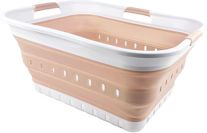 SAMMART 42L (11 gallon) Collapsible Plastic Laundry Basket - Foldable Pop Up Storage Container/Organizer - Space Saving Hamper/Basket (White/Beige)
