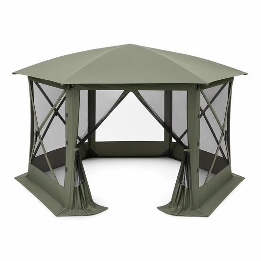 11.5x11.5FT Pop Up Canopy Tent 6 Sided Hexagon Screened Shelter with Mesh Windows, Portable Outdoor Gazebo Tent with Carry Bag, Stakes for Camping Backyard Lawn Patio