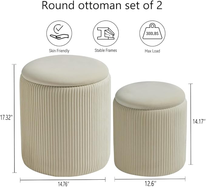 BLEXA Round Ottoman with Storage Set of 2-Upholstered Velvet Vanity Stool for Makeup Multifunctional Ottomans Coffee Table Padded Seat Foot Rest for Living Room&Bedroom(White-Upgrade Tray Lid)