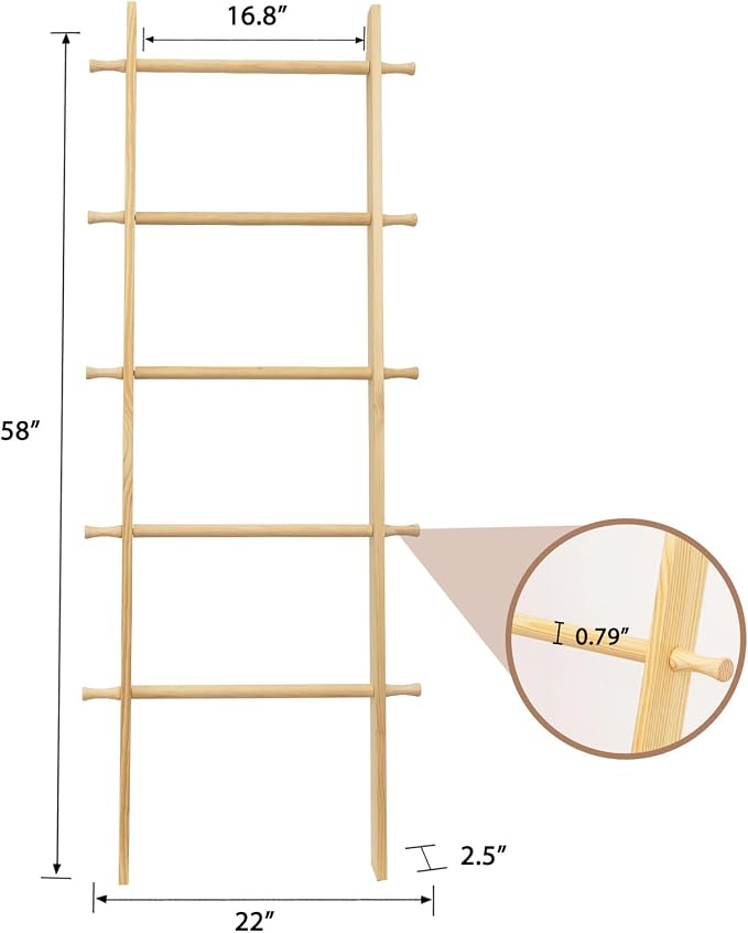5-Tier Blanket Ladder – 4.8 Ft Wall Leaning Quilt Rack, Farmhouse Blanket Storage for Living Room, Bedroom & Bathroom – Rustic Decorative Wooden Towel & Quilt Holder, Easy to Assemble