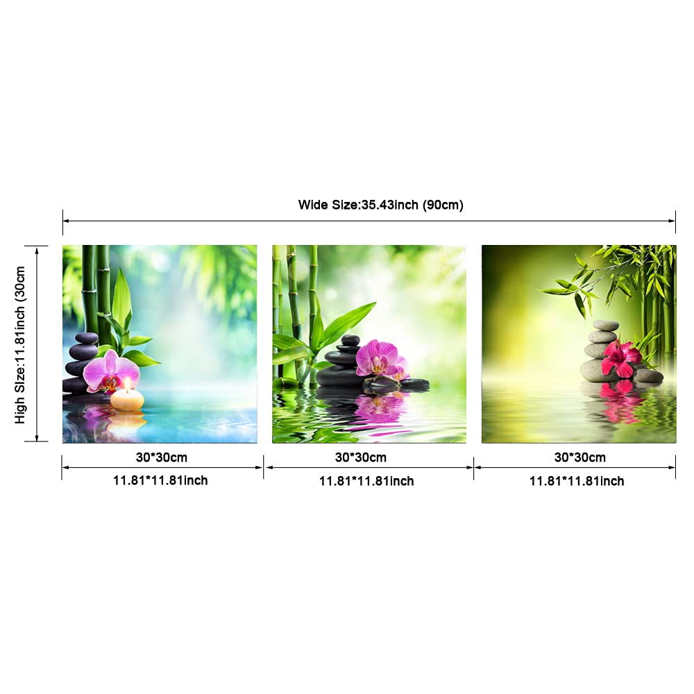 Pyradecor 3 Pieces Spa Zen Stone Canvas Wall Art Modern Romance Green Bamboo Pink Flowers Paintings Pictures for Living Room Bedroom Home Office Decoration