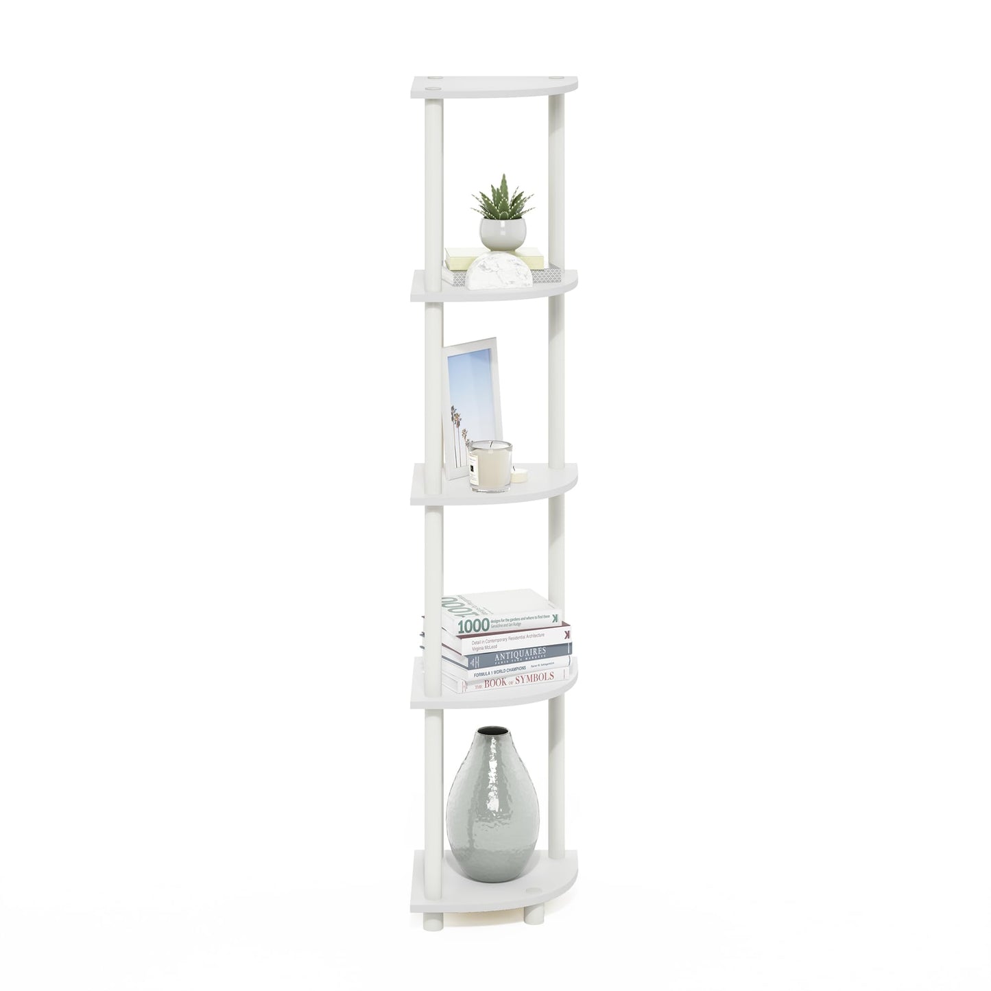 Furinno Turn-N-Tube Corner Shelf, 5-Tier Corner Bookshelf, Open Storage Shelves, for Organization and Storage, Living Room, Home Office, Garage, Bedroom, White
