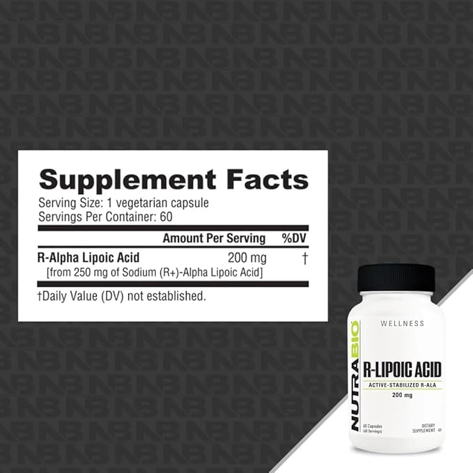 NutraBio R-Lipoic Acid Supplement, 200mg ?“Active Stabilized R-ALA Supplement- Optimized Alpha Lipoic Acid Formula for Better Absorption to Support Health and Wellness- 60 Capsules
